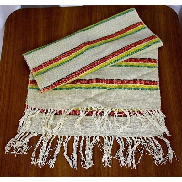 VINTAGE HANDWOVEN NATURAL WOOL GREEN RED STRIPED DRESSER SCARF TABLE RUNNER - Picture 2 of 3